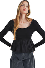 Black Ribbed Knit Long Sleeve Scoop Neck Peplum Patchwork Top Long Sleeve Tops JT's Designer Fashion