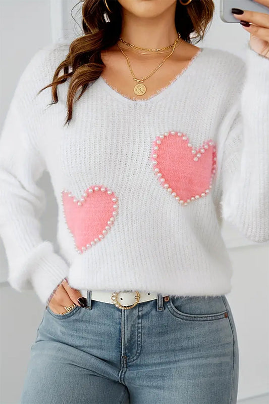 White Pearl Beaded Heart Pattern Fuzzy V Neck Sweater White 55%Acrylic+45%Polyamide Sweaters JT's Designer Fashion