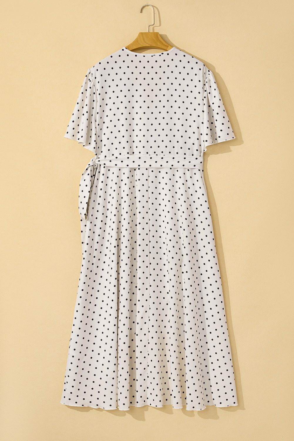 Khaki Polka Dot Surplice V Neck Tied Waist Flutter Sleeve Flowy Plus Size Midi Dress Plus Size Midi Dresses JT's Designer Fashion