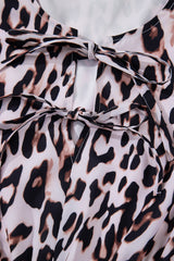 Brown Leopard Tied Front Keyhole Puff Short Sleeve Mini Dress Mini Dresses JT's Designer Fashion