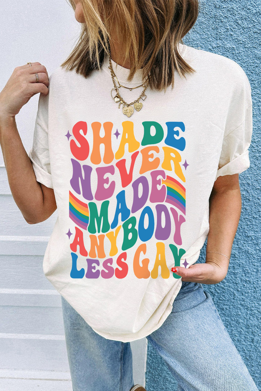 White SHADE NEVER MADE ANYBODY LESS GAY Pride Graphic Tee Graphic Tees JT's Designer Fashion