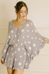 Gray Star Print Crinkle Textured Kimono Ruffle Sleeve Romper Bottoms JT's Designer Fashion