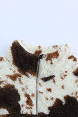 Zip Collar Cow Print Fleece Sweatshirt Sweatshirts & Hoodies JT's Designer Fashion