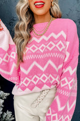 Pink Western Aztec Geometric Drop Shoulder Sweater Sweaters JT's Designer Fashion