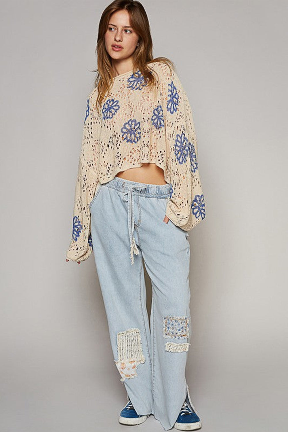 Beige Contrast Flower Print Eyelet Drop Shoulder Sweater Sweaters JT's Designer Fashion