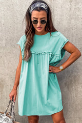 Mint Green Frilled Trim Crew Neck Loose Fit Mini Dress Mini Dresses JT's Designer Fashion