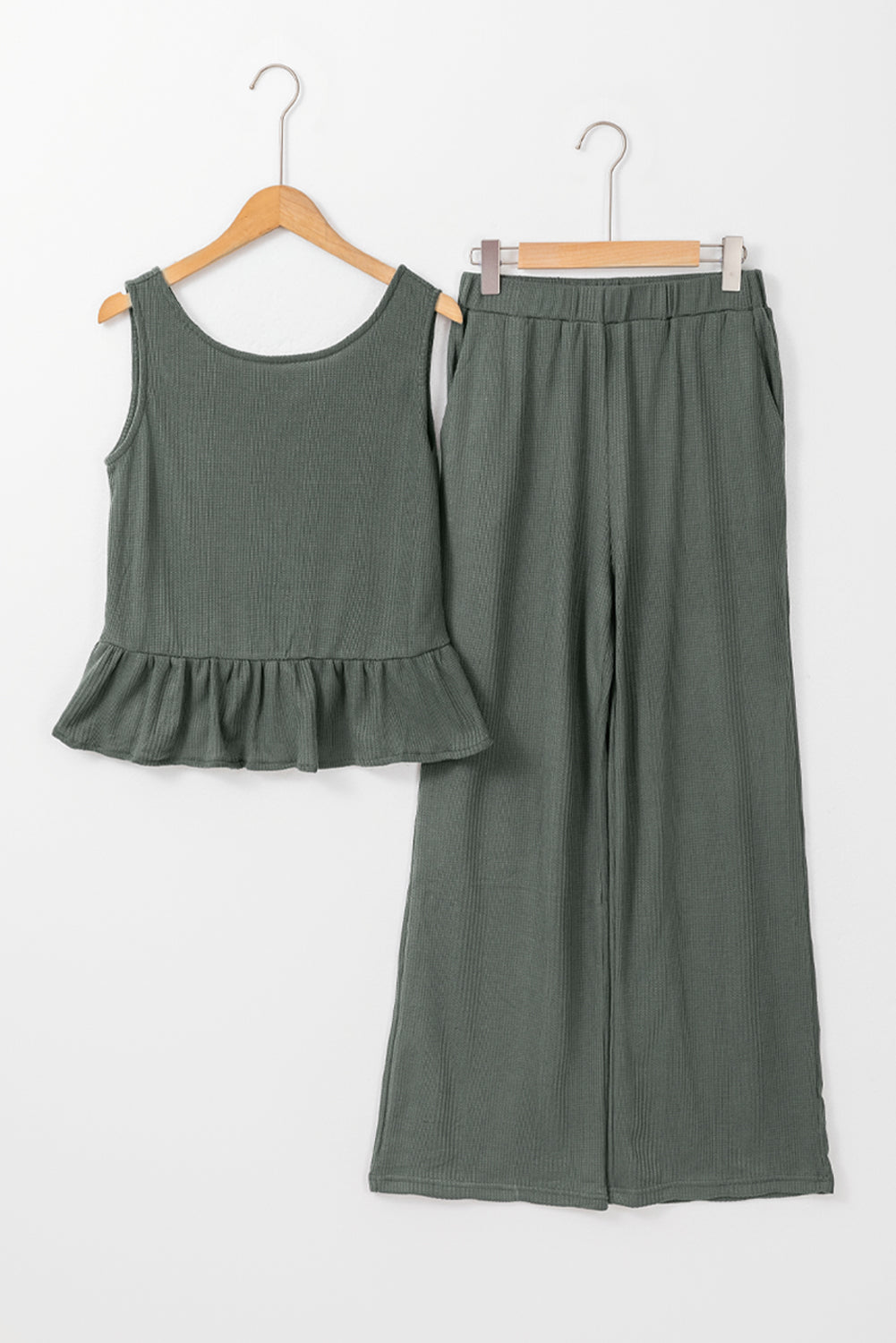 Duffel Green Solid Color Ribbed Ruffle Tank Top and Pants Set Pant Sets JT's Designer Fashion