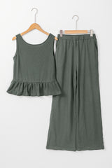 Duffel Green Solid Color Ribbed Ruffle Tank Top and Pants Set Pant Sets JT's Designer Fashion