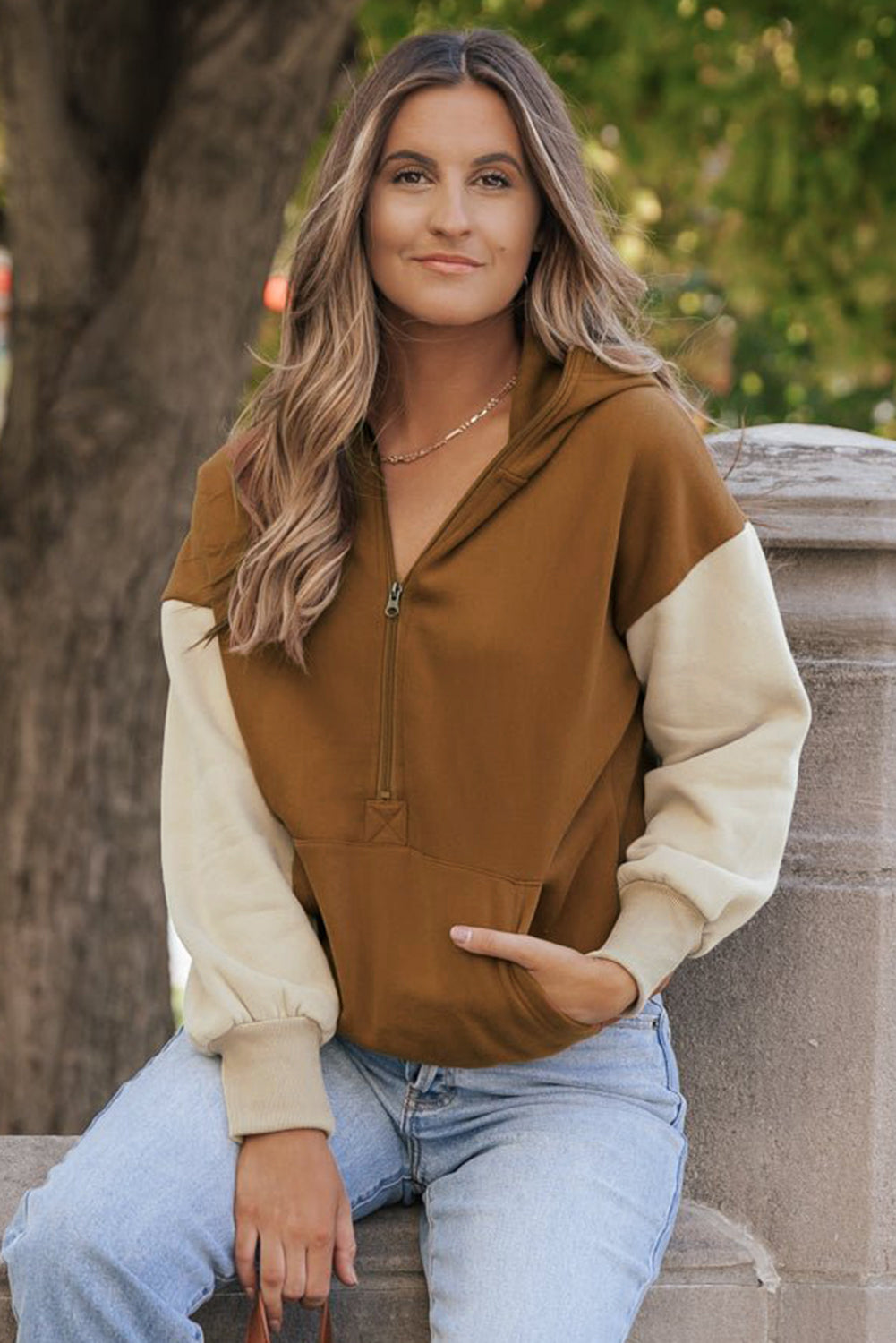 Chestnut Color Block Half Zip Kangaroo Pocketed Hoodie Sweatshirts & Hoodies JT's Designer Fashion