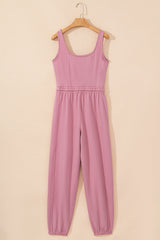 Light Pink Lace-up Elastic Waist Sleeveless Square Neck Jumpsuit Bottoms JT's Designer Fashion