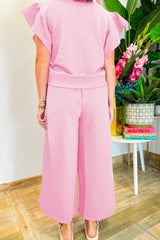 Pink Textured Ruffled Sleeve Zipped Top and Wide Leg Pants Set Pant Sets JT's Designer Fashion