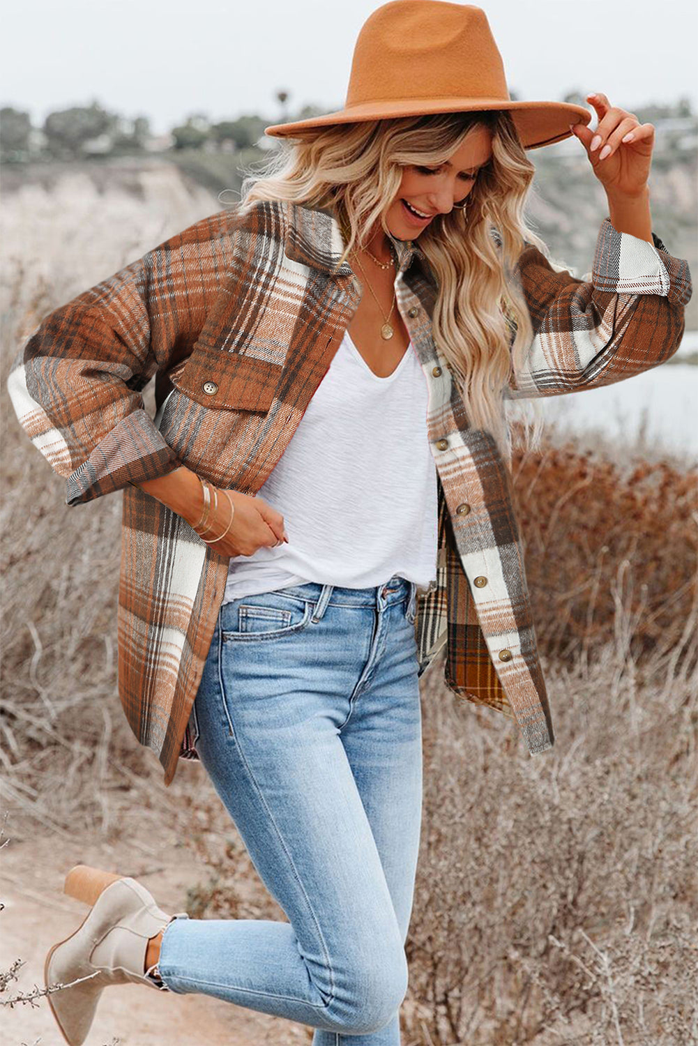 Brown Plaid Flap Pockets Shacket Plaid Shackets JT's Designer Fashion