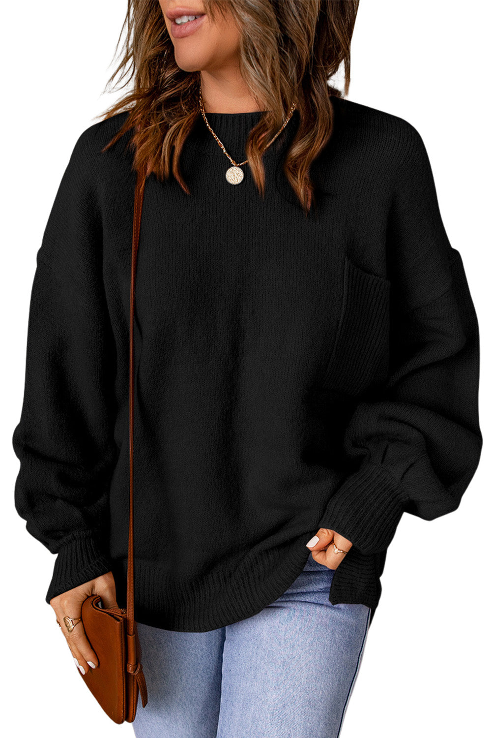 Black Solid Color Puffy Sleeve Pocketed Sweater Sweaters & Cardigans JT's Designer Fashion