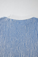 Dark Blue Striped Textured Knit Contrast Edge Loose Sweater Sweaters JT's Designer Fashion
