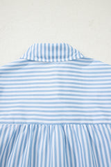 Sky Blue Stripe Shirred Detail Half Placket Collared Long Sleeve Fall Shirt Blouses & Shirts JT's Designer Fashion