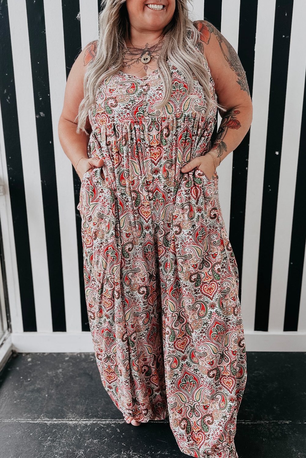 Multicolour Plus Size Paisley Print Sleeveless V Neck Jogger Jumpsuit Plus Size Bottoms JT's Designer Fashion