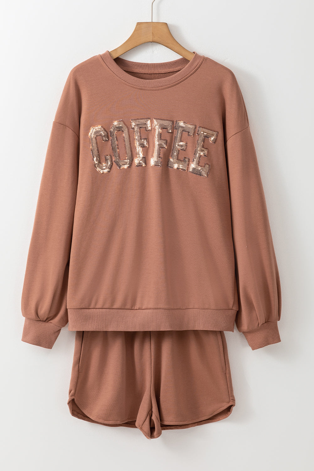 Straw Yellow Sequined COFFEE Loose Fit Sweatshirt and Shorts Set Short Sets JT's Designer Fashion