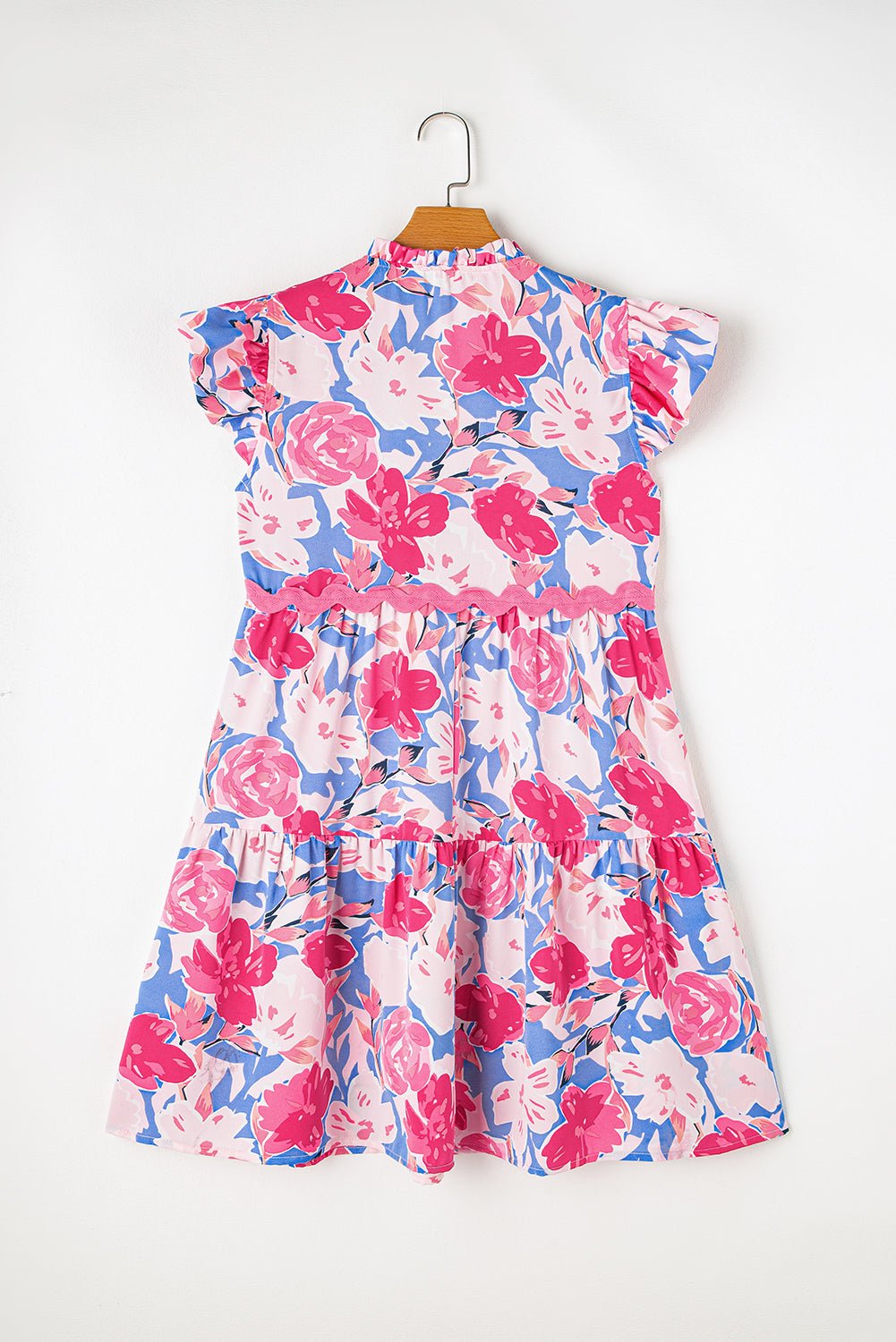 Pink Floral Printed V Notched Ric Rac Flutter Sleeve Dress Floral Dresses JT's Designer Fashion