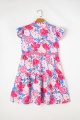 Pink Floral Printed V Notched Ric Rac Flutter Sleeve Dress Floral Dresses JT's Designer Fashion