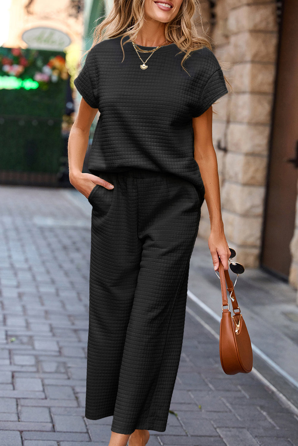 Black Solid Color Textured Short Sleeve Top and Casual Pants Set Pant Sets JT's Designer Fashion