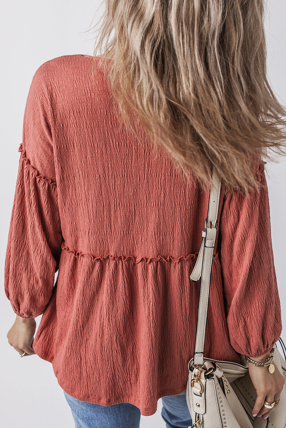 Mineral Red Solid Color Textured Frilled Trim V Neck Puff Sleeve Blouse Blouses & Shirts JT's Designer Fashion