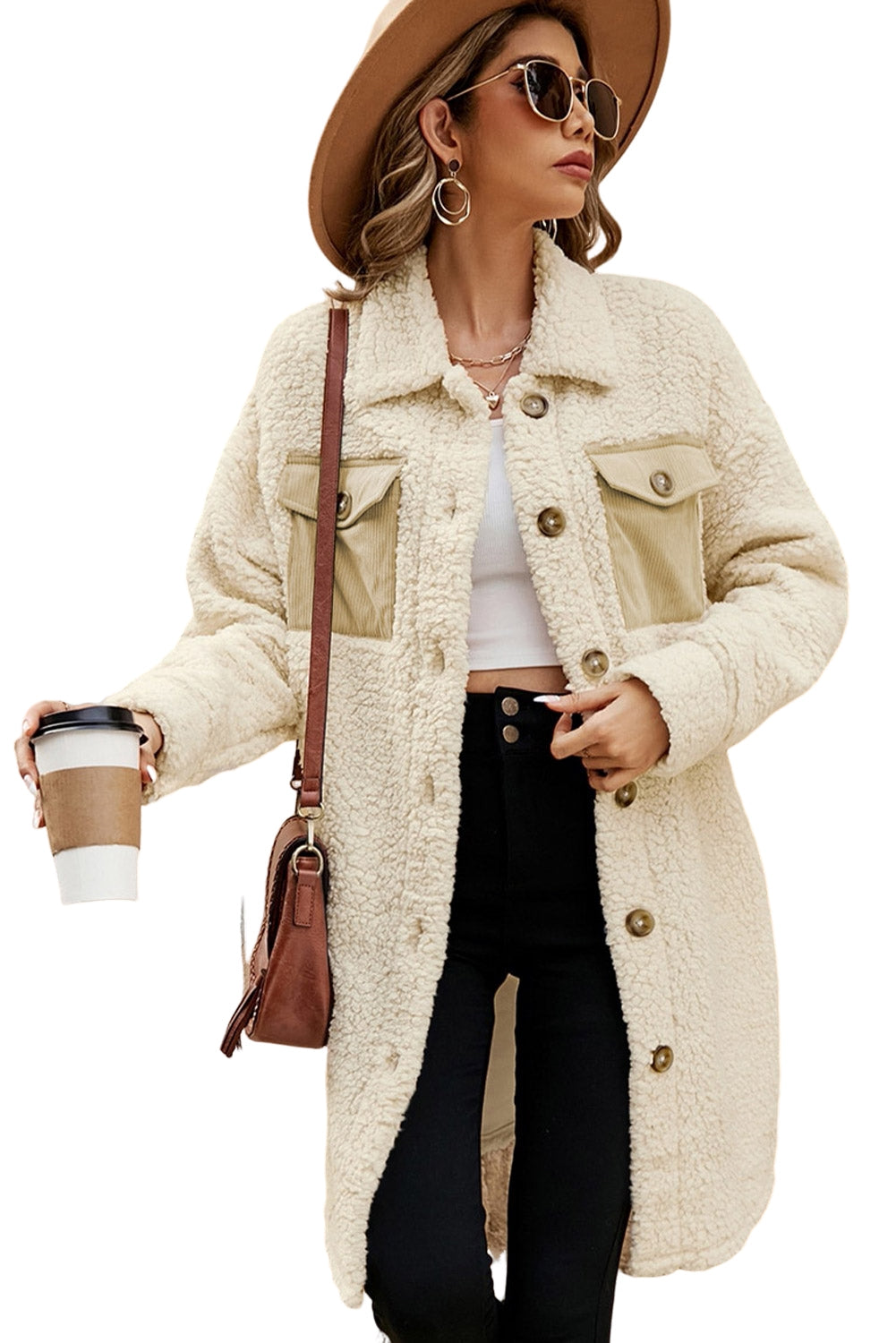 Beige Contrast Flap Pocket Single Breasted Teddy Coat Coats JT's Designer Fashion