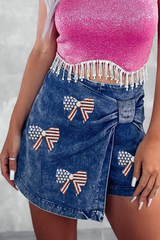 Sail Blue High Waist USA Flag Inspire Bow Patched Twisted Denim Skort Graphic Pants JT's Designer Fashion