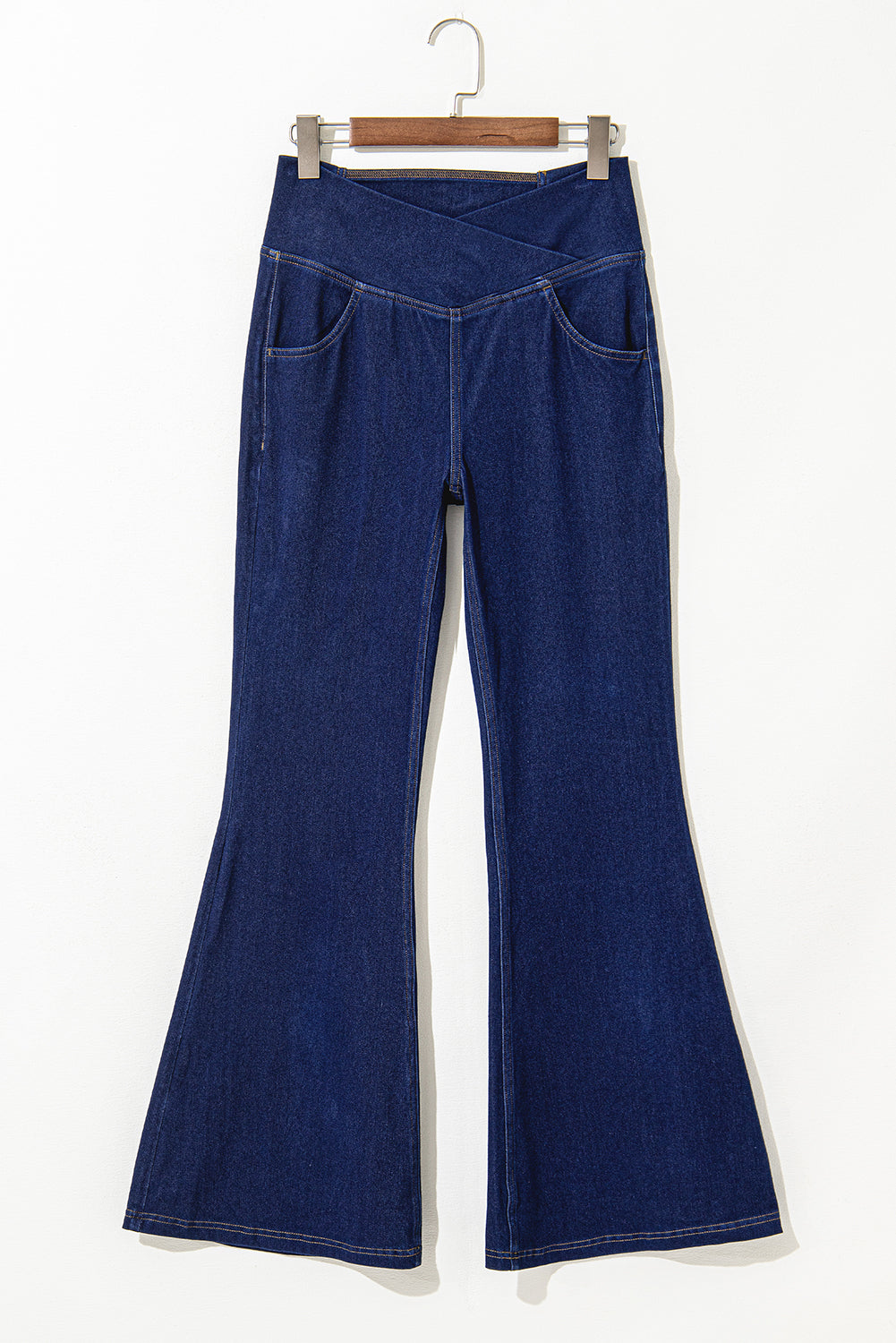 Dusk Blue Solid Crossed Waist High Elastic Fit Flare Knit Jeans Jeans JT's Designer Fashion