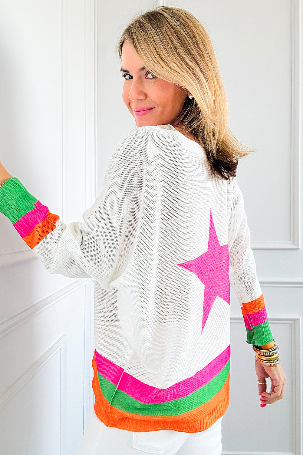 White Star Pattern Colorblock Striped Edge Drop Shoulder Sweater Sweaters JT's Designer Fashion