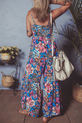 Pink Floral Smocked Bust Spaghetti Straps Wide Leg Jumpsuit Jumpsuits & Rompers JT's Designer Fashion