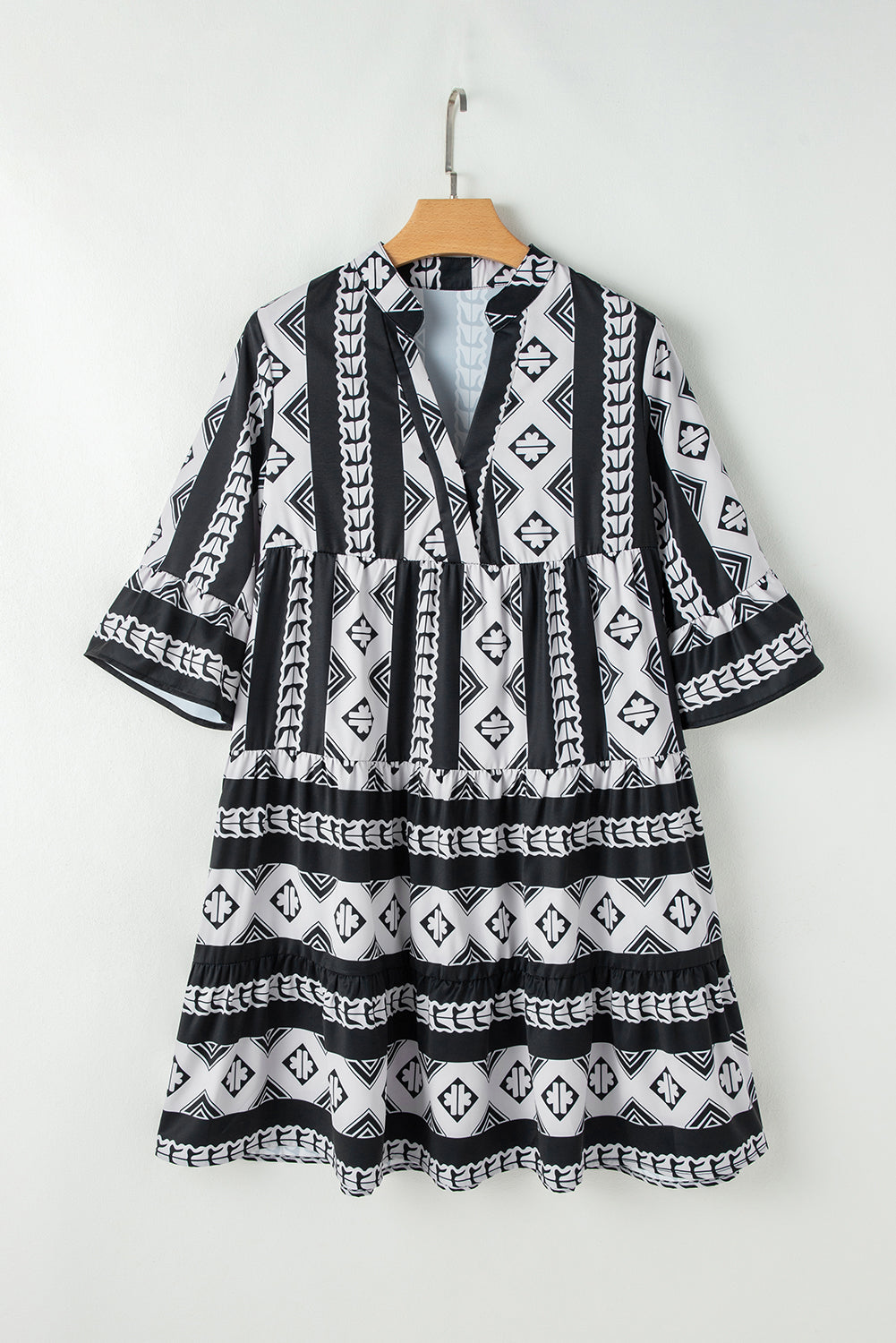Black Geometric Print V Neck Ruffled Dress Mini Dresses JT's Designer Fashion