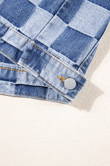 Light Blue Checkered Patchwork Button up Denim Jacket Denim Jackets JT's Designer Fashion