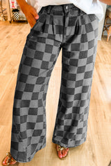 Dark Grey Checkered Denim Wide Leg Jeans Dark Grey 50%Polyester+50%Cotton Jeans JT's Designer Fashion