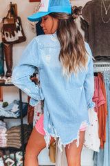 Beau Blue Mineral Wash Distressed Frayed Long Denim Jacket Denim Jackets JT's Designer Fashion
