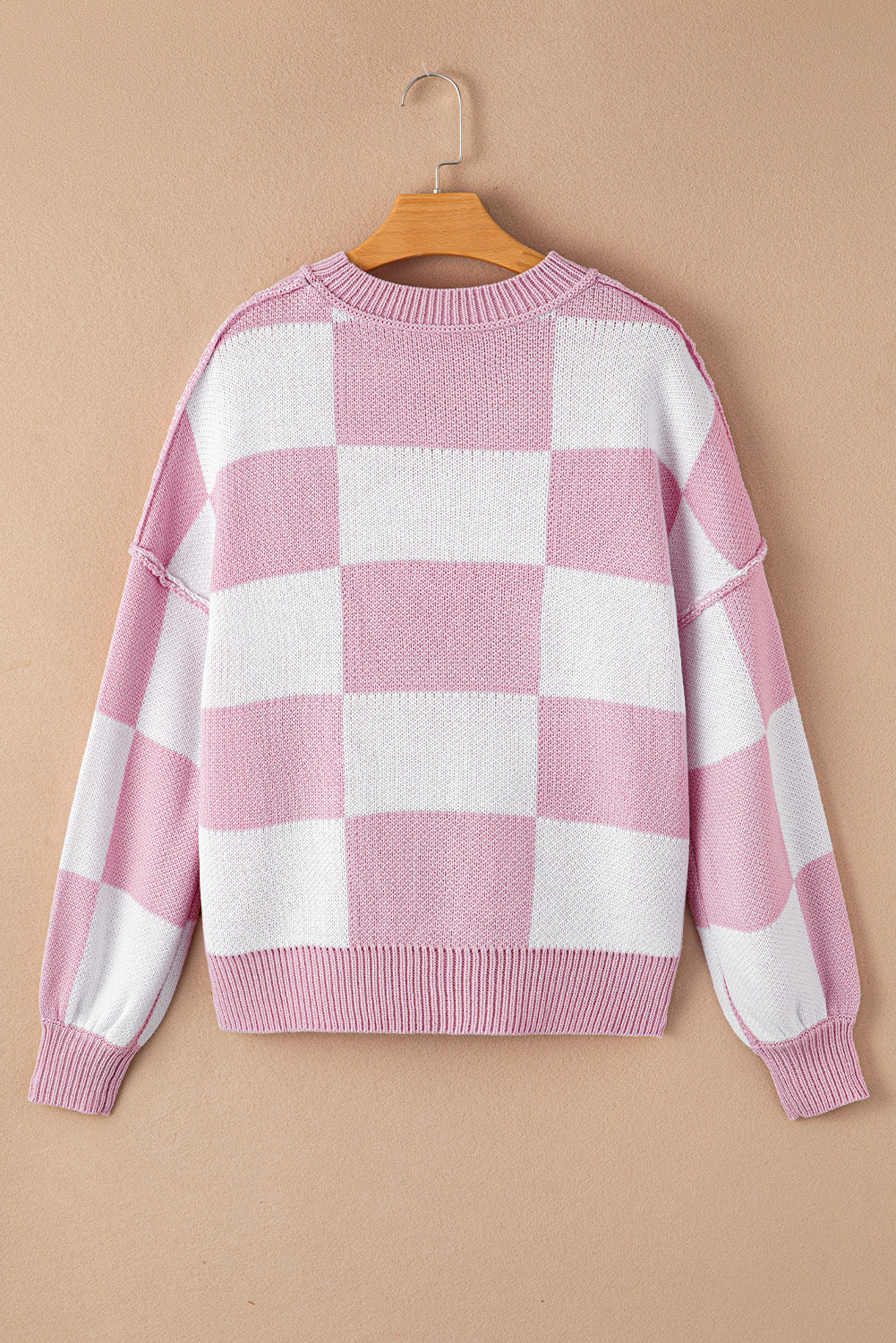 Pink Checkered Bishop Sleeve Sweater Sweaters JT's Designer Fashion