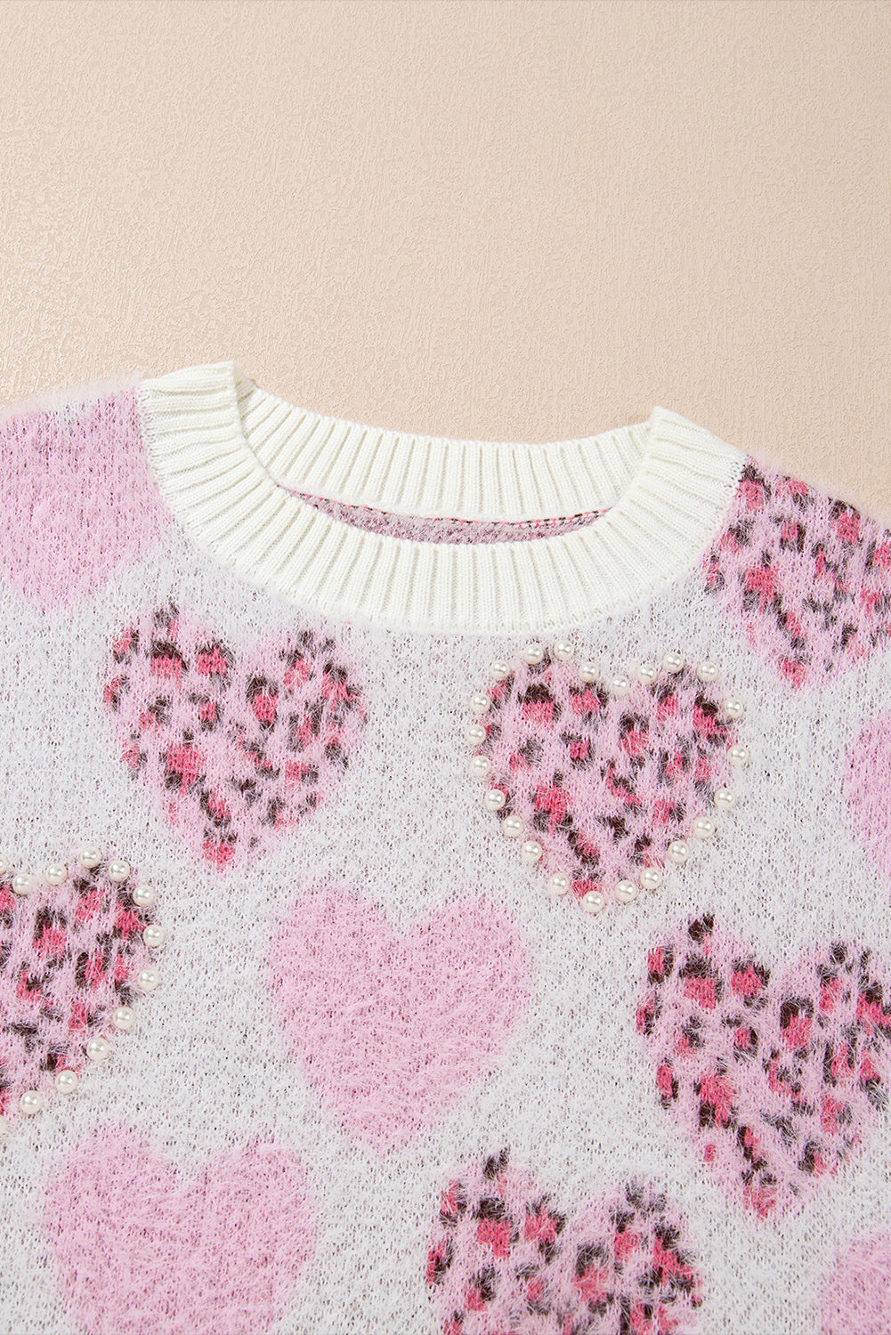 Pink Heart Leopard Print Pearled Ribbed Trim Fuzzy Sweater Sweaters JT's Designer Fashion