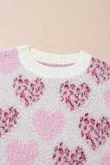 Pink Heart Leopard Print Pearled Ribbed Trim Fuzzy Sweater Sweaters JT's Designer Fashion
