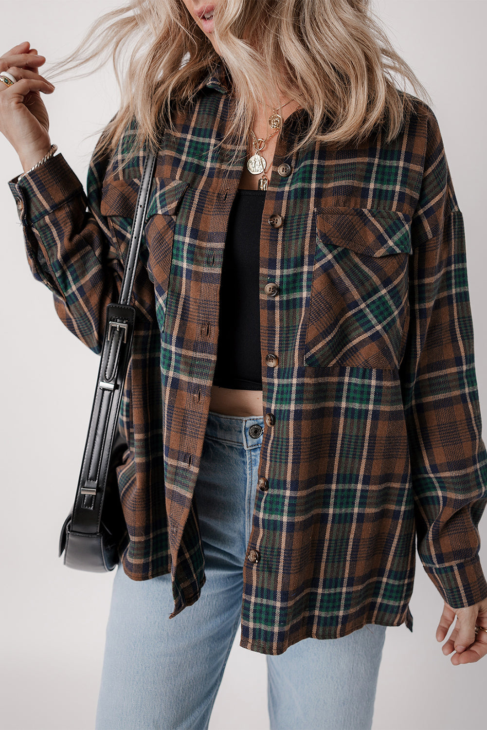 Brown Plaid Print Chest Pockets Buttoned Shirt Jacket Plaid Shackets JT's Designer Fashion