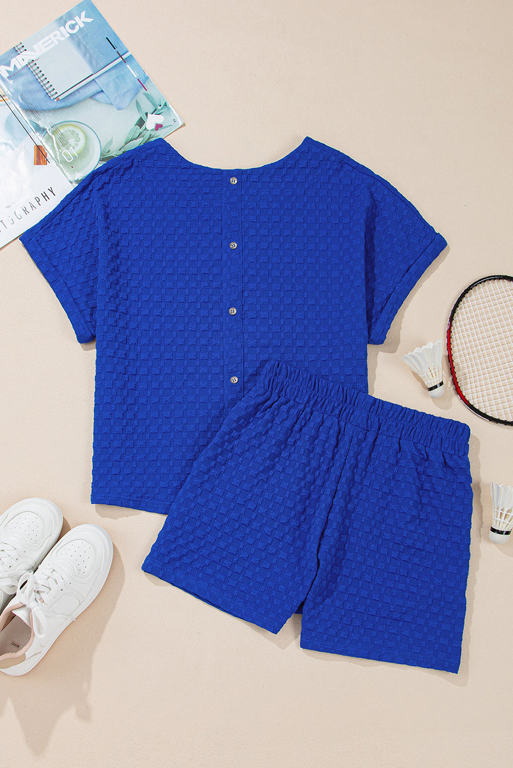 Sky Blue Jacquard Textured Buttoned Tee and Shorts Set Short Sets JT's Designer Fashion