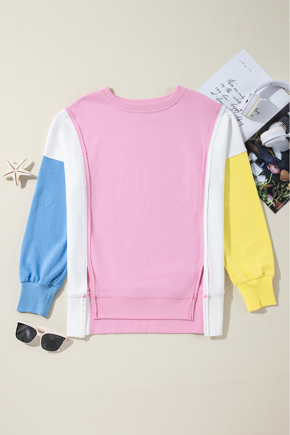 Bonbon Color Block Exposed Seam Side Slits Crewneck Sweatshirt Sweatshirts & Hoodies JT's Designer Fashion