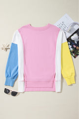Bonbon Color Block Exposed Seam Side Slits Crewneck Sweatshirt Sweatshirts & Hoodies JT's Designer Fashion