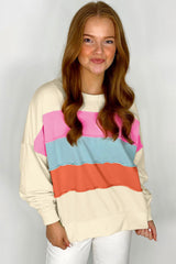 White Colorblock Patchwork Crewneck Drop Shoulder Sweatshirt Sweatshirts & Hoodies JT's Designer Fashion