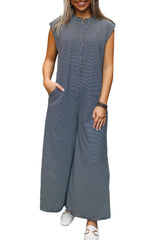 Black white Striped Print Buttoned Wide Leg Sleeveless Jumpsuit Jumpsuits & Rompers JT's Designer Fashion