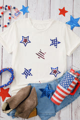 White USA Sequin Stars Patched Casual T Shirt Graphic Tees JT's Designer Fashion