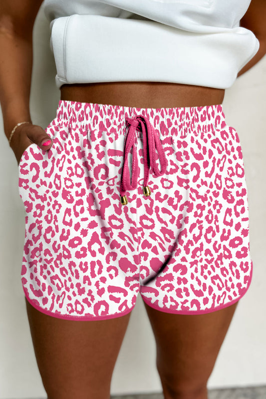 Pink Leopard Elastic Waist Lace up Contrast Trim Casual Shorts Pink 95%Polyester+5%Elastane Casual Shorts JT's Designer Fashion