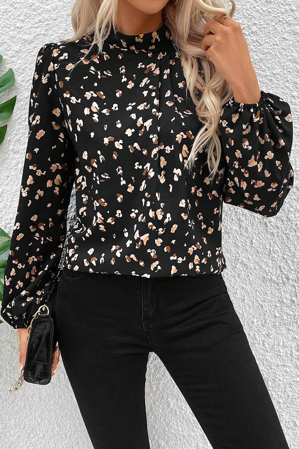 Black Leopard Print Lantern Sleeve Mock Neck Pleated Blouse Blouses & Shirts JT's Designer Fashion