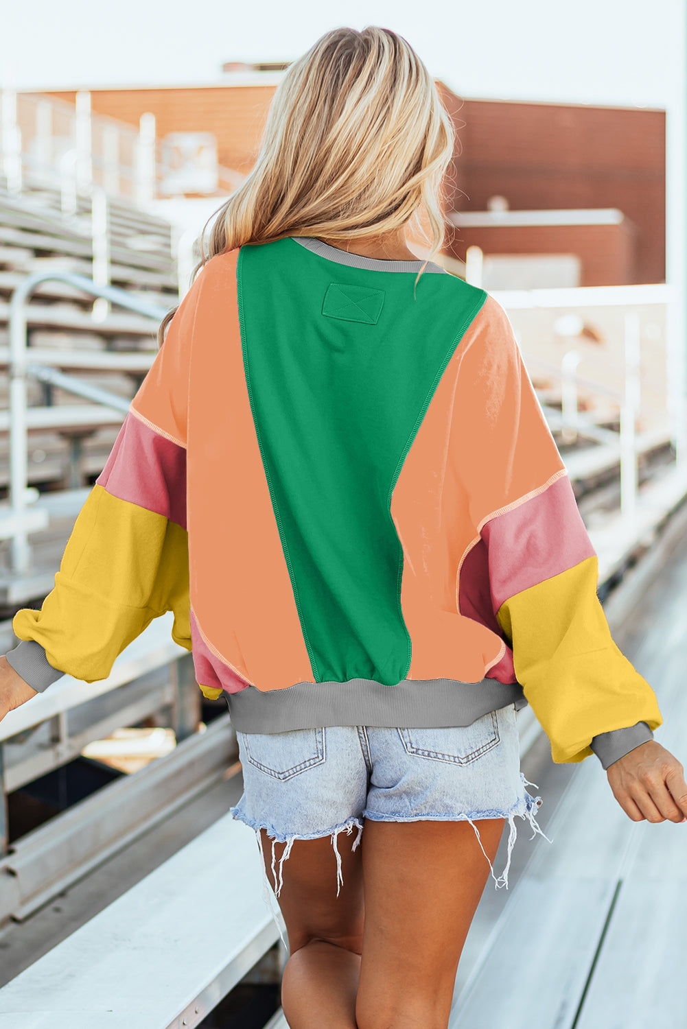Dark Green Colorblock Patchwork Exposed Stitching Oversize Top Long Sleeve Tops JT's Designer Fashion