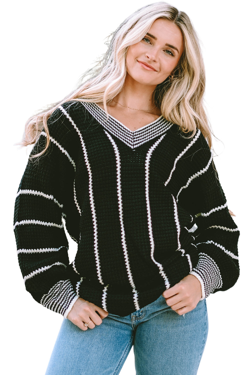 Black Colorblock Striped V Neck Knitted Loose Sweater Sweaters JT's Designer Fashion