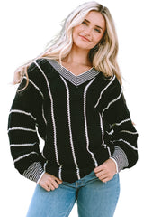 Black Colorblock Striped V Neck Knitted Loose Sweater Sweaters JT's Designer Fashion