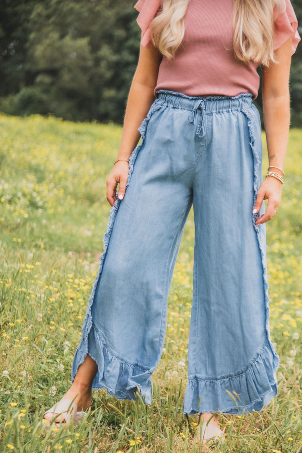 Myosotis Light Wash Raw Hem Ruffled Wide Leg Jeans Jeans JT's Designer Fashion